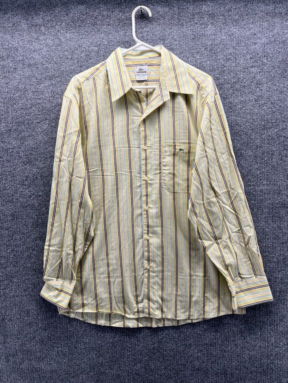 Lacoste Shirt Men 44 Yellow Stripe Long Sleeve Button Up Cotton Pocket Casual